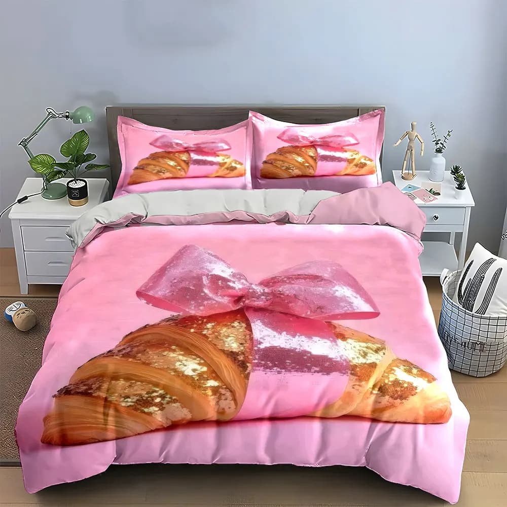 Set di biancheria da letto a forma di croissant, copripiumino con stampa di croissant glitterati e fiocco rosa + 2 federe, decorazioni divertenti a tema cibo, 3 pezzi