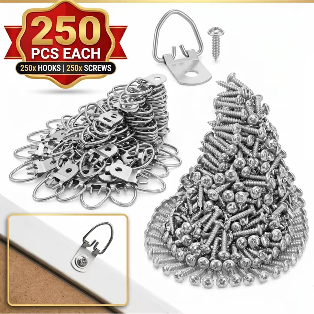 D Ring Picture Hangers 250pcs Heavy Duty Carbon Steel Picture Frame Hooks with Screws Hidden Hanging Hardware Kit for Photo Canv