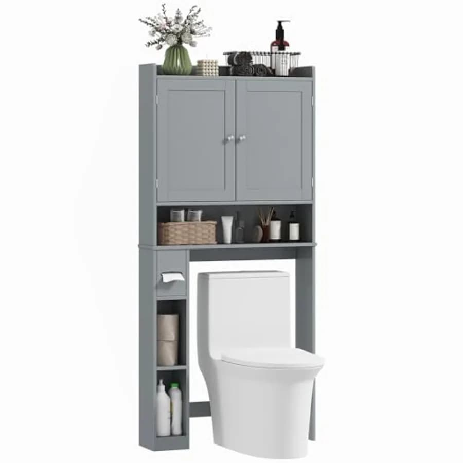 Mobiletto Salvaspazio Sopra il WC Moderno con 2 Ante, Scaffali e Porta Carta Igienica - Autoportante