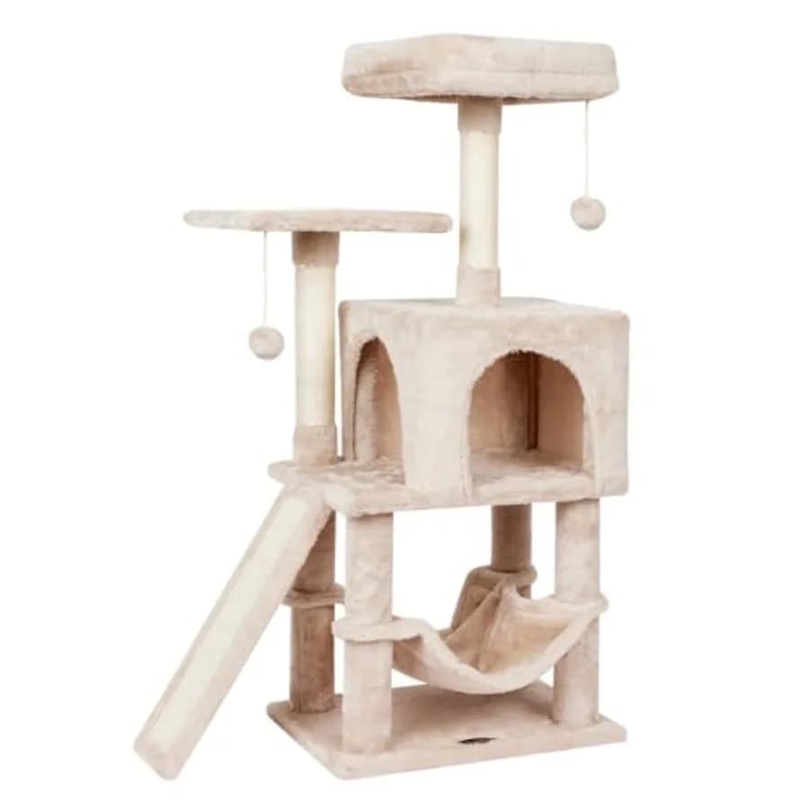 Torre per Gatti da Interno con Tiragraffi, Cuccia Moderna con Amaca e Palla Sospesa, Beige