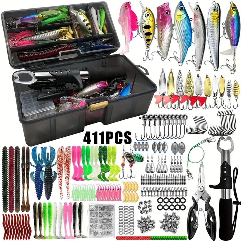 JSFUN Set di 411 Pezzi per la Pesca, Include Esche Morbide e Dure, Ami, Girelle e Attrezzi per la Pesca in Acqua Dolce e Salata