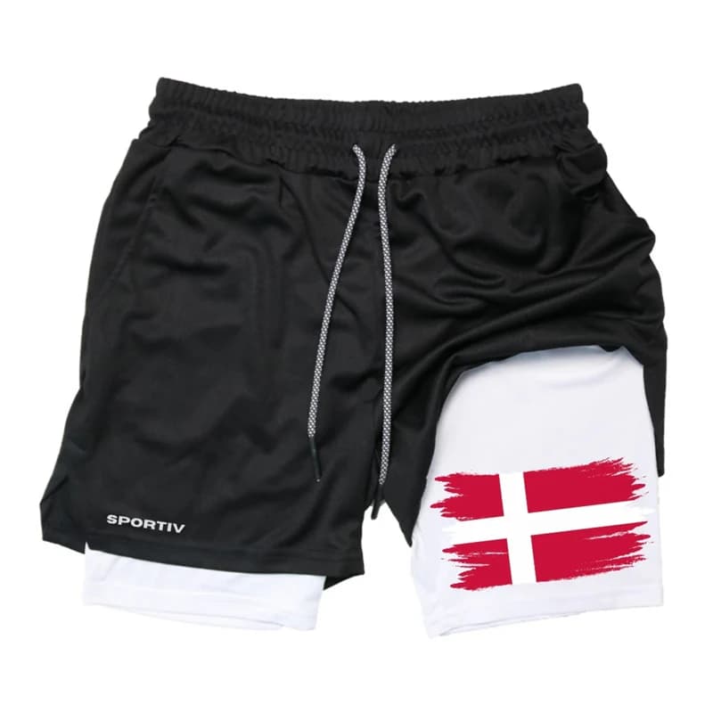 2 in 1 training racing shorts with flag print for men Fast drying sports shorts Patriotic performance shorts with pockets Towel ring
