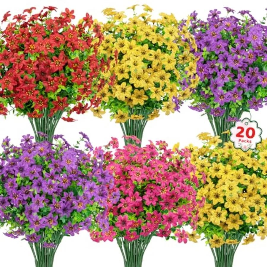 20 Bundles Artificial Flowers for Outdoors, Fake Silk Flowers UV Resistant Faux Realistic Plastic Plants for Spring Summer Porc