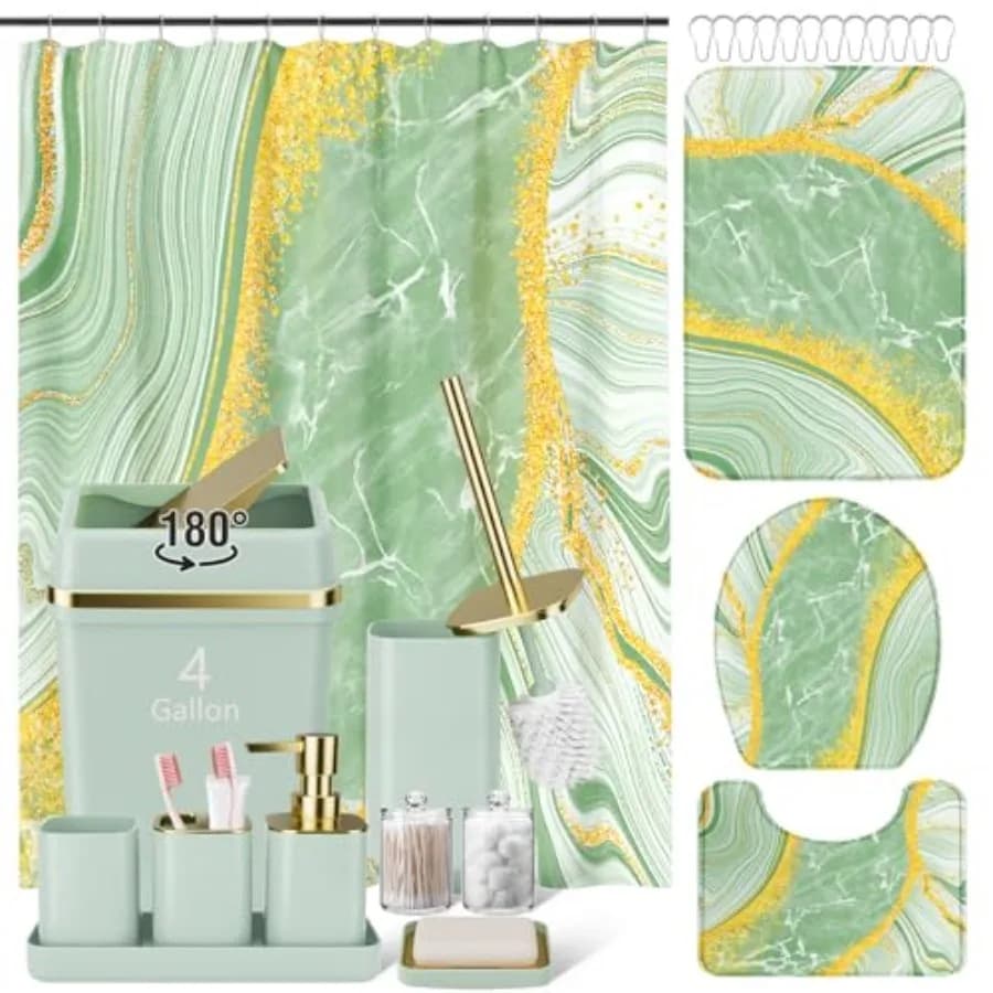 Set di 25 Accessori per Bagno Verde con Cestino Grande da 4 Galloni, Tenda Doccia Impermeabile, Tappeti da Bagno, Spazzola per WC