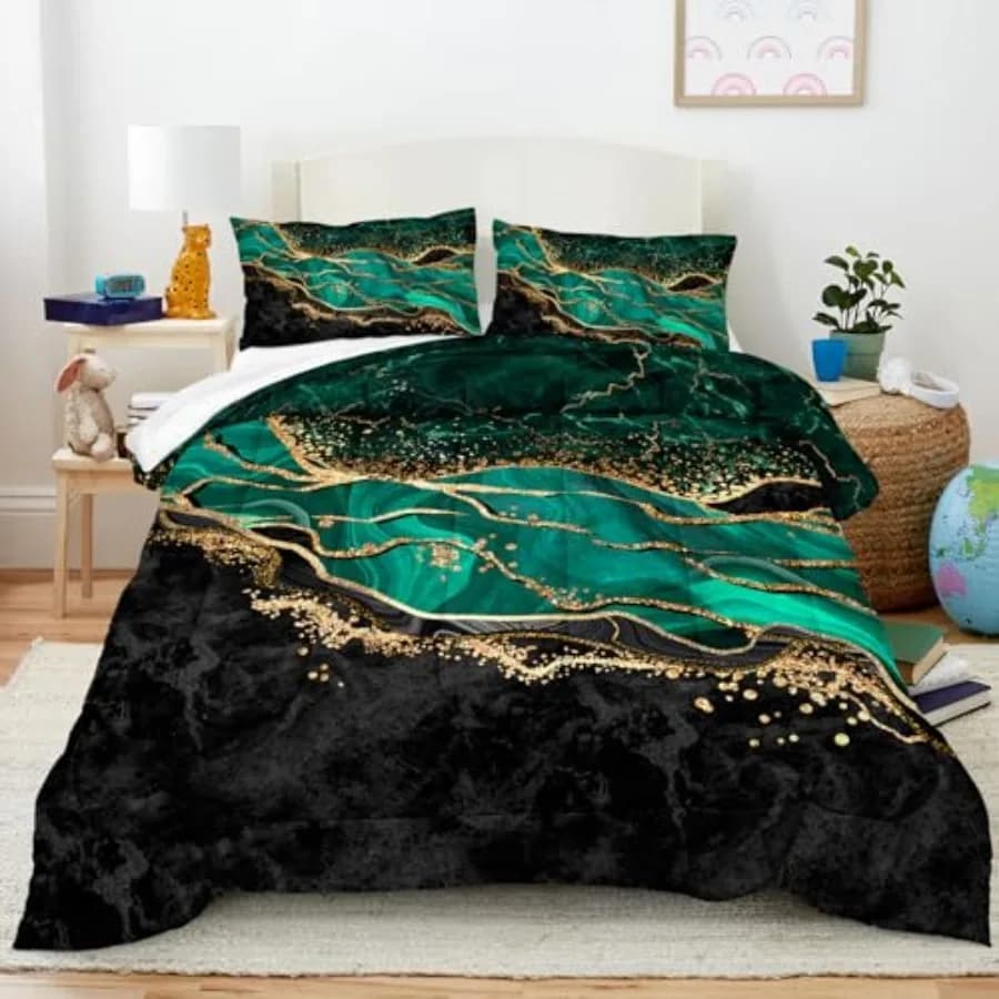 Set Copripiumino Smeraldo Marmorizzato, Set Biancheria da Letto con Stampa Metallizzata Nero Oro, Set Copripiumino Astratto Moderno Scuro