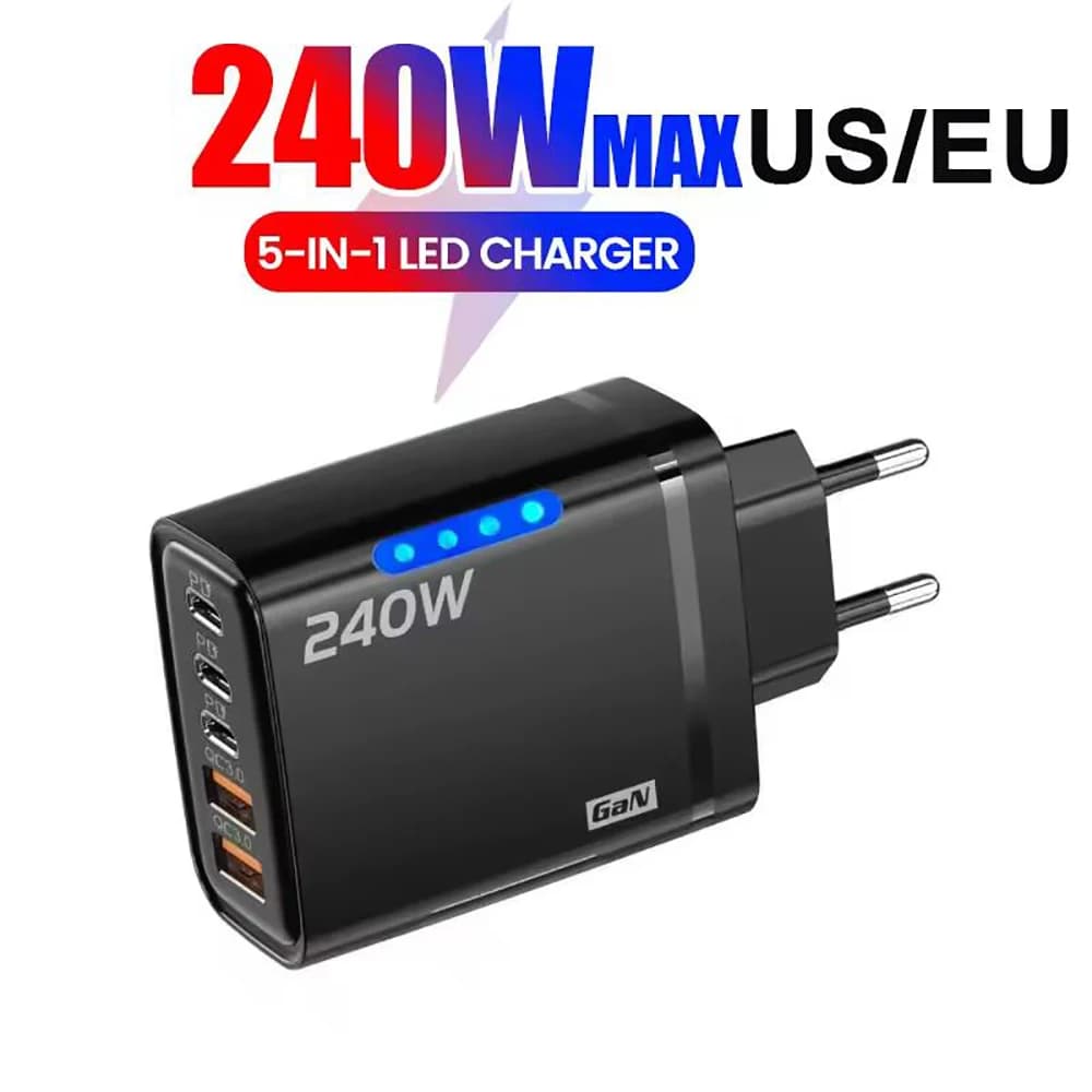 Caricatore USB C GaN 240W 5 in 1 Adattatore di alimentazione per caricabatterie per telefono a ricarica rapida per iPhone Samsung Xiaomi Tipo C Caricatore da muro con spina UE/USA
