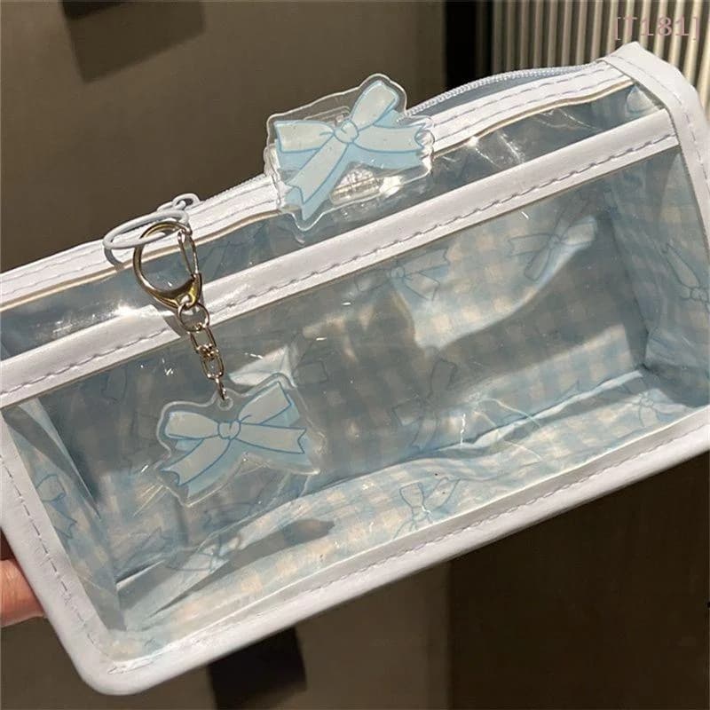Astuccio Trasparente con Cerniera e Fiocco, Borsa Portaoggetti per Studenti, Grande Capacità, Borsa per Trucchi, Astuccio per Penne con Cerniera a Cartone Animato