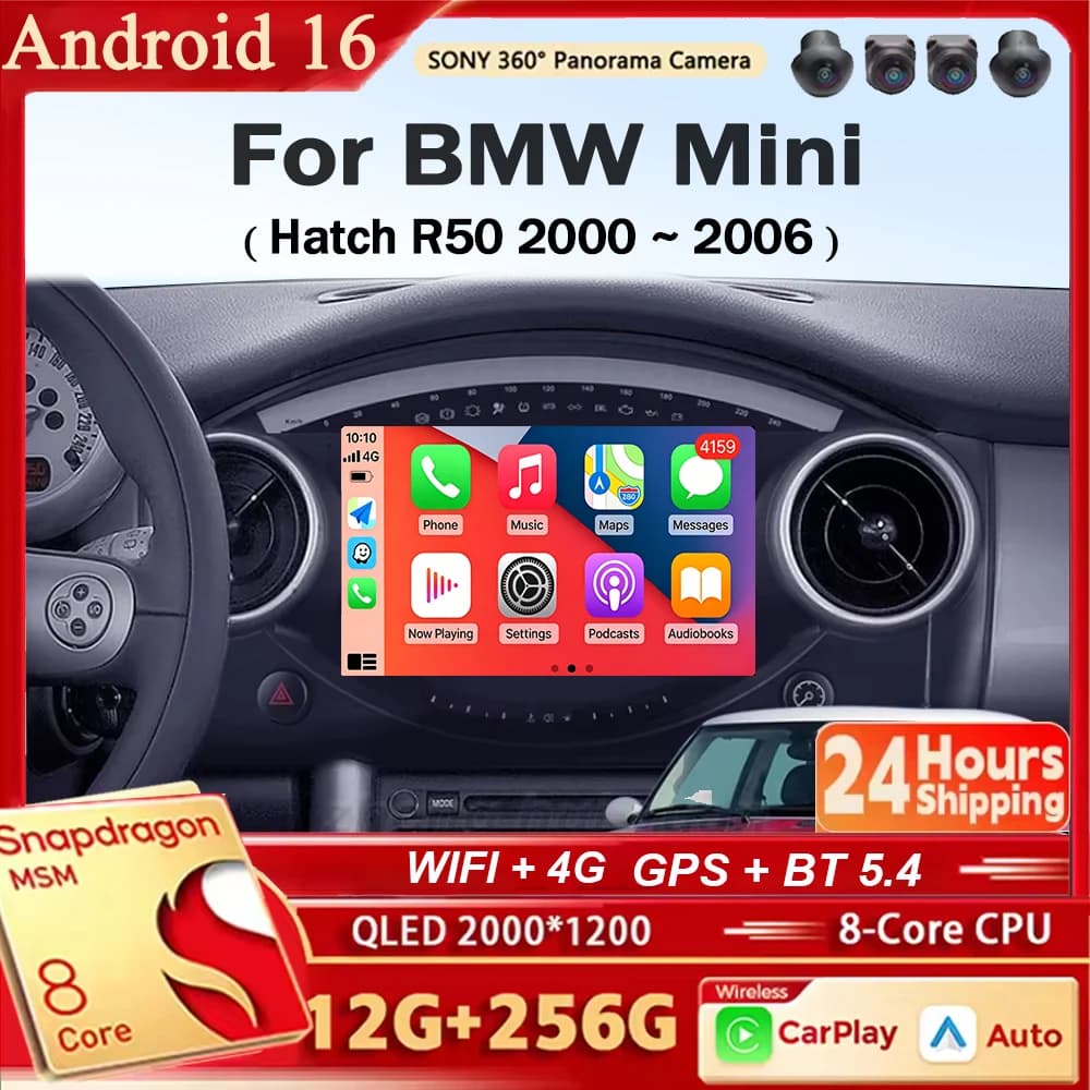 Autoradio Android 16 con Carplay e Auto, Navigatore Multimediale Stereo QLED 4G per BMW Mini Hatch R50 2000 - 2006