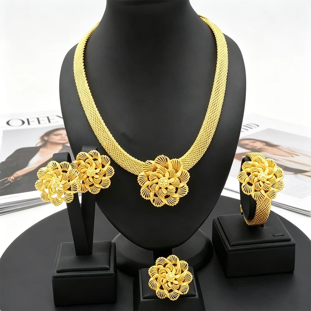 Set di Gioielli Floreali in Rete Placcata Oro 24K, 4 Pezzi: Collana, Orecchini, Bracciale, Anello, Gioielli di Lusso per Donne, Sposa, Matrimonio, Festa