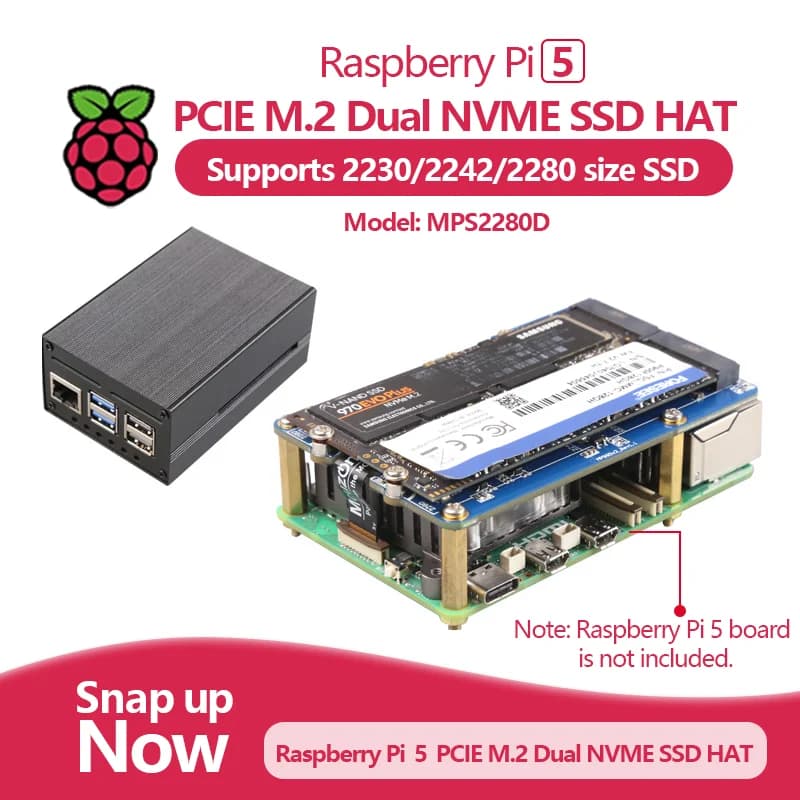 MPS2280D Raspberry Pi 5 PCIE M.2 Dual NVME SSD HAT support 2280/2242/2230 SSD