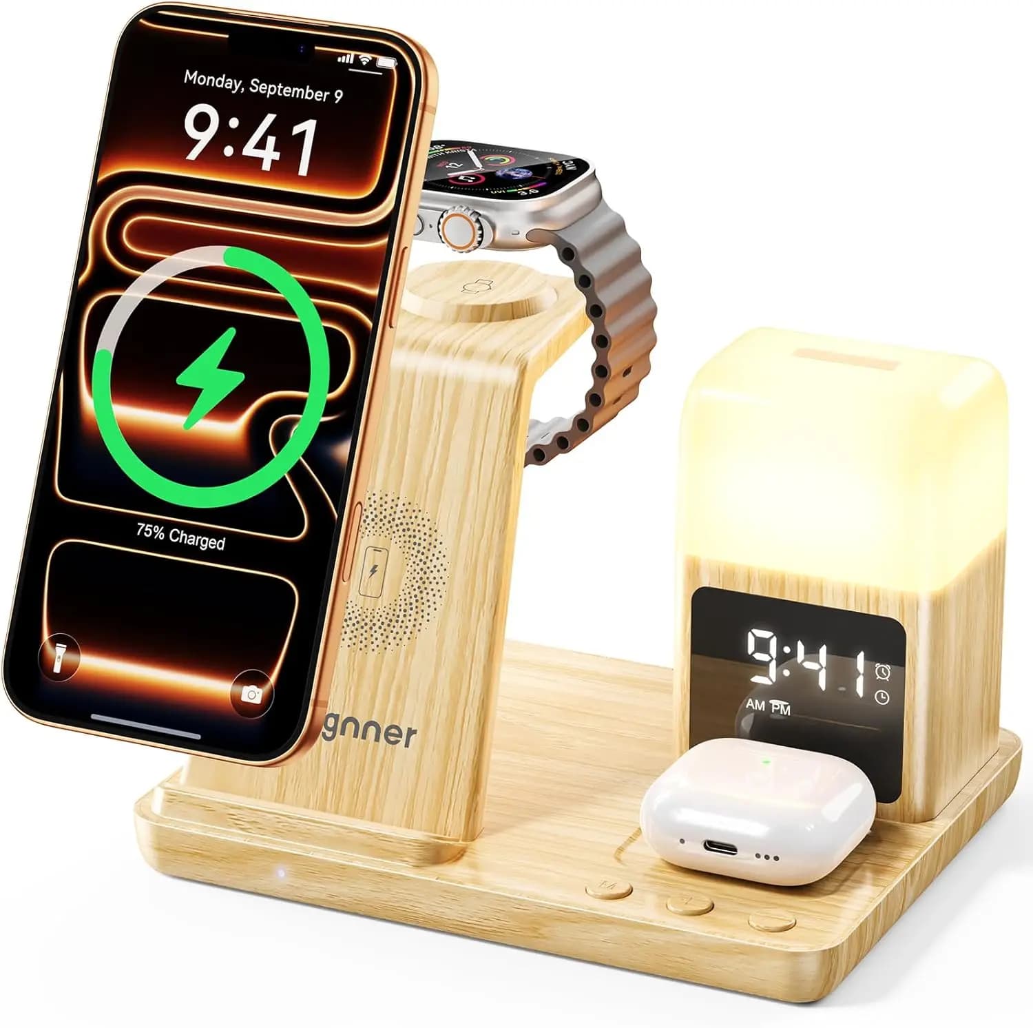 Stazione di Ricarica Wireless 6 in 1 con Orologio e Luce Notturna per iPhone, Apple Watch, AirPods