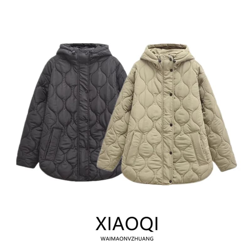 Loose Fitted Hooded Cotton Jacket New Winter 2024 Women's Fashion Commute Style Long Sleeve Mid-Length Zipper Closure Coat