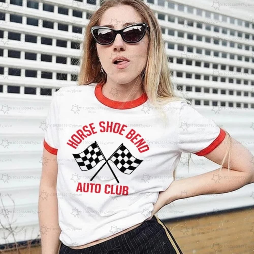 T-shirt Unisex Estiva Stile Vintage Casual con Bandiere a Scacchi e Motivo a Ferro di Cavallo per Uomo e Donna