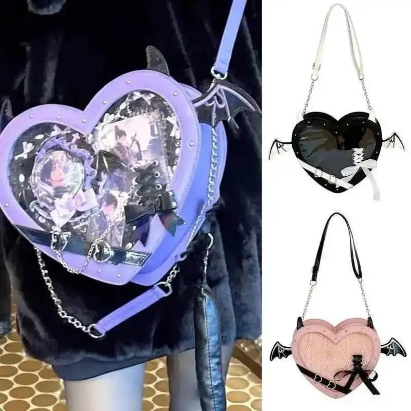 Cuore Diavolo Ali Punk Itabags Fibbia per cintura Borsa per dolore a spalla gotica Borsa a tracolla con catena per esposizione Y2k in pelle PU Borsa per cosplay per ragazze