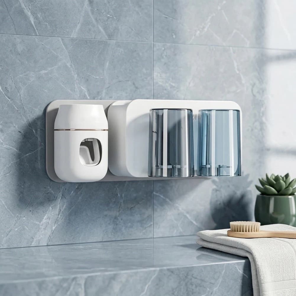 2pcs White No Drill Wall Mounted Toothbrush Holder With Automatic Toothpaste Dispenser And Cups For Bathroom Storage Organizer