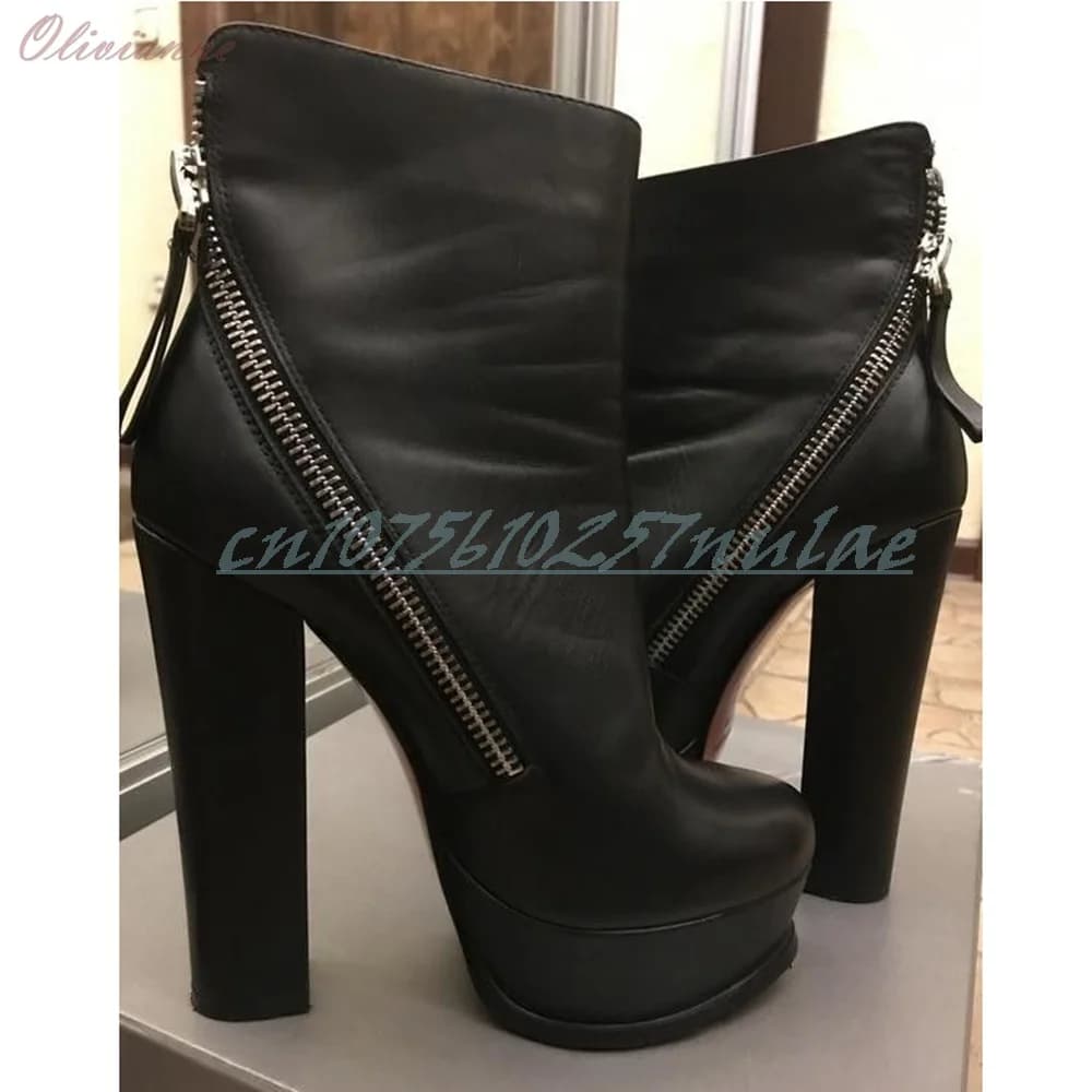 Zipper Decor Dance Shoes Short Boots Black Matte Leather Chunky High Heel Platform Hot Girl Fashion Women Shoes 2026 Women Shoes