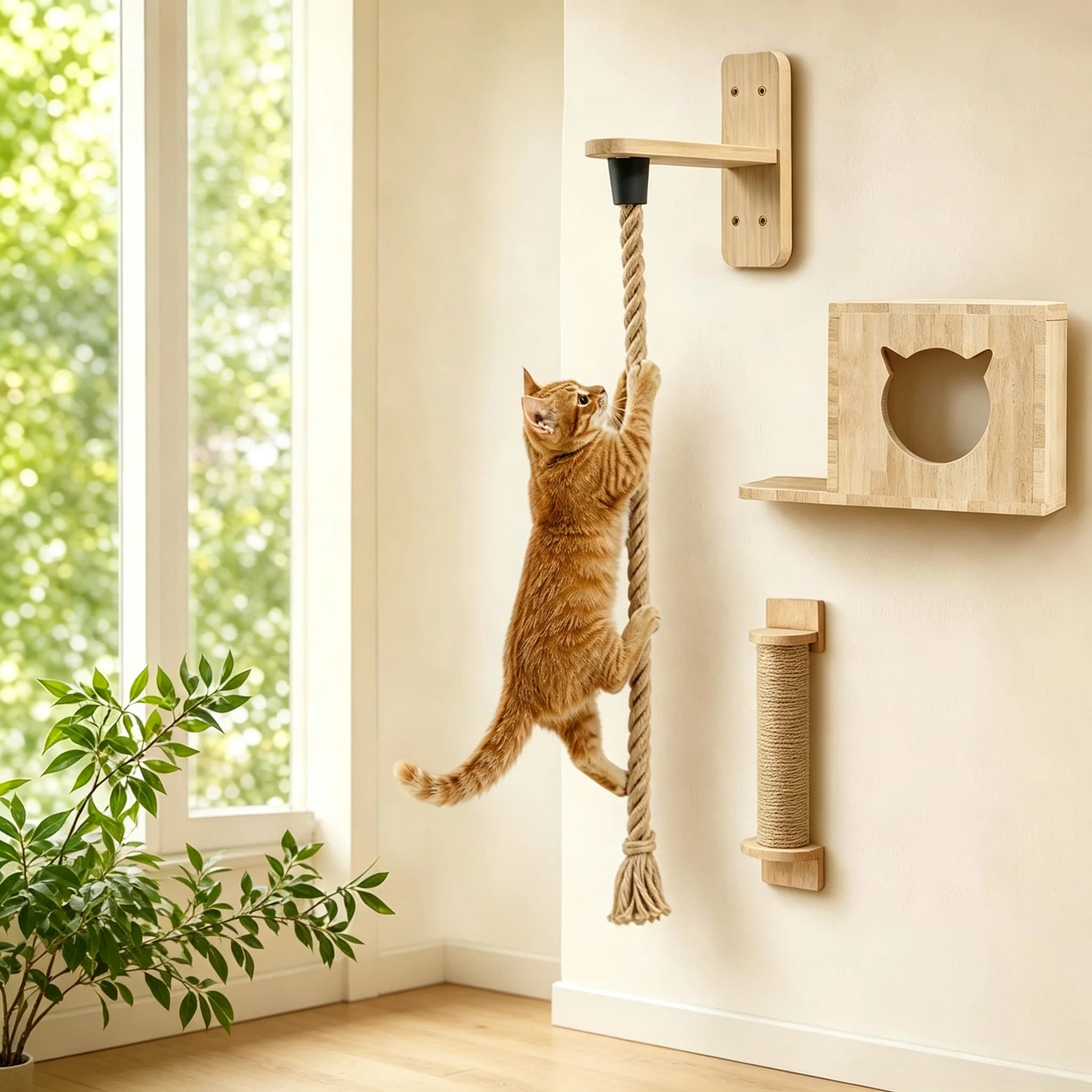 Cat Tree Wall-Mounted Climbing Rope Cat Scratching Post, Glass Suction Cup Scratch-Resistant Cat Bed, Durable Pet Bed