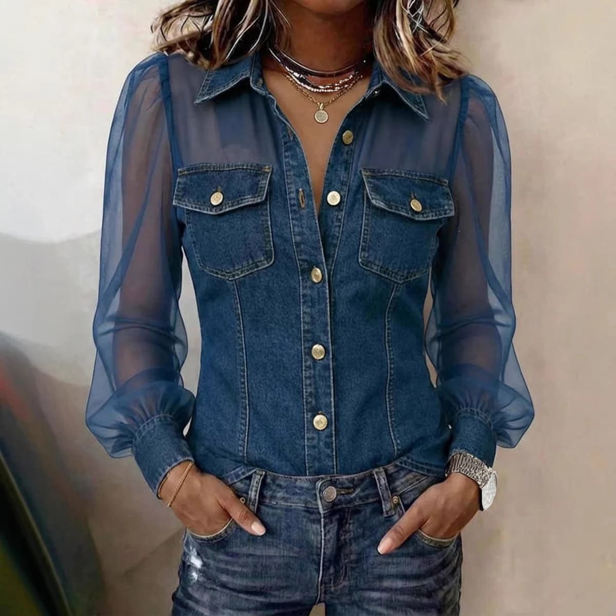 Women Sheer Mesh Puff Long Sleeve Denim Shirt Vintage Lapel Button Down Jeans Blouse Casual See Through Chiffon Spliced Tops