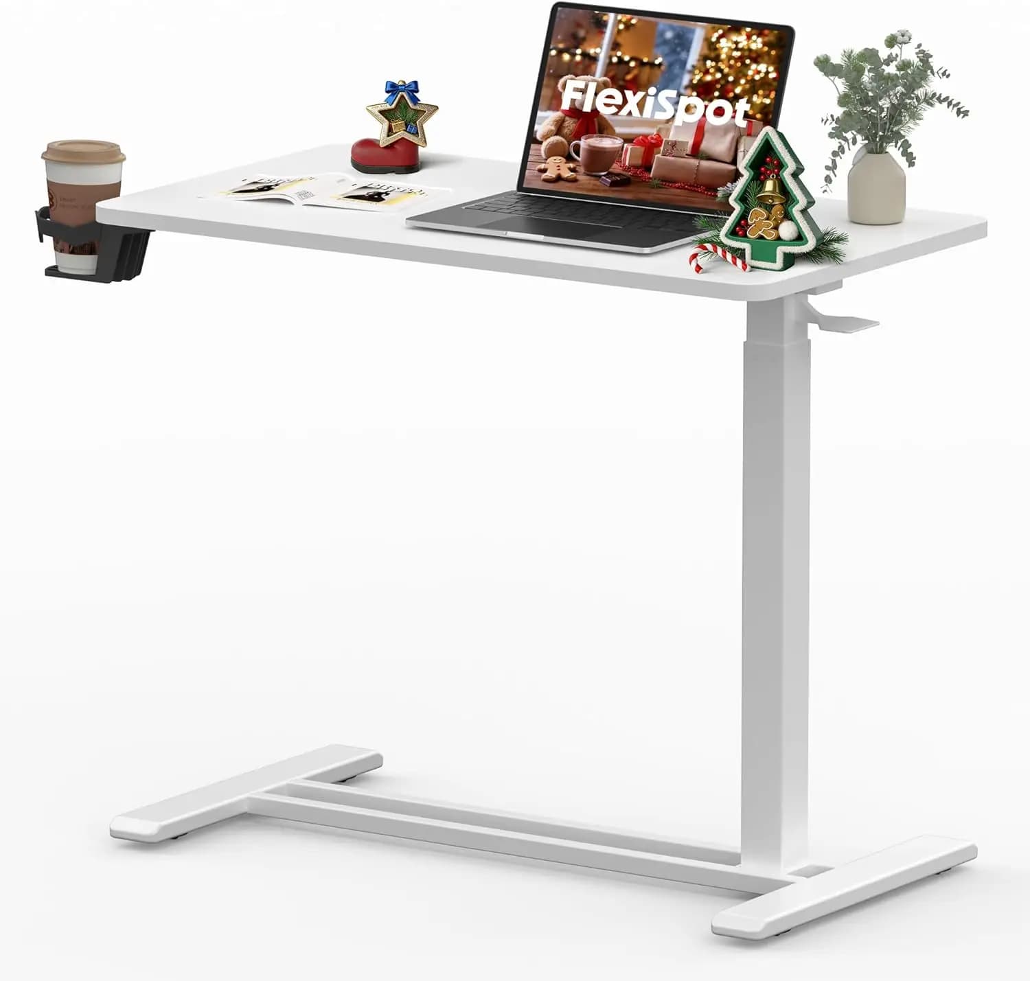 Tavolo regolabile a forma di C con ruote, tavolino mobile per divano, comodino, laptop, carrello con rotelle, vassoio TV, comodino bianco