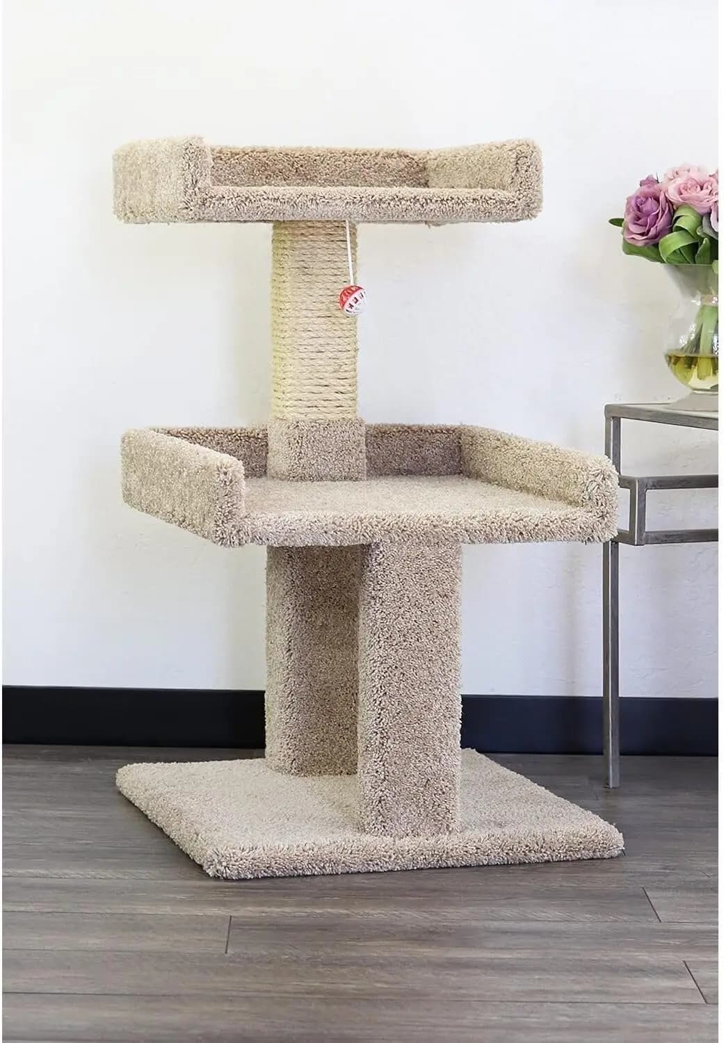 Albero per Gatti in Legno e Moquette per Interni, Beige, Spazioso per Gatti di Taglia Grande, Resistente