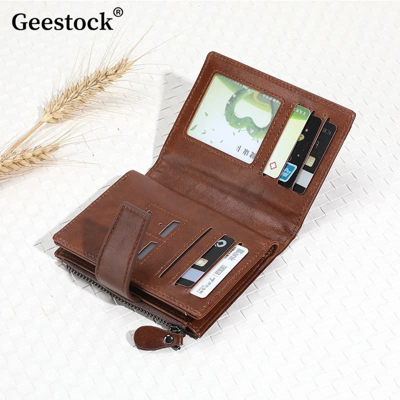 Geestock Portafoglio da uomo multifunzionale Rfid Spazzola antifurto Cera d'olio Portafoglio corto in pelle PU Portamonete squisito Borsa per carte pieghevole