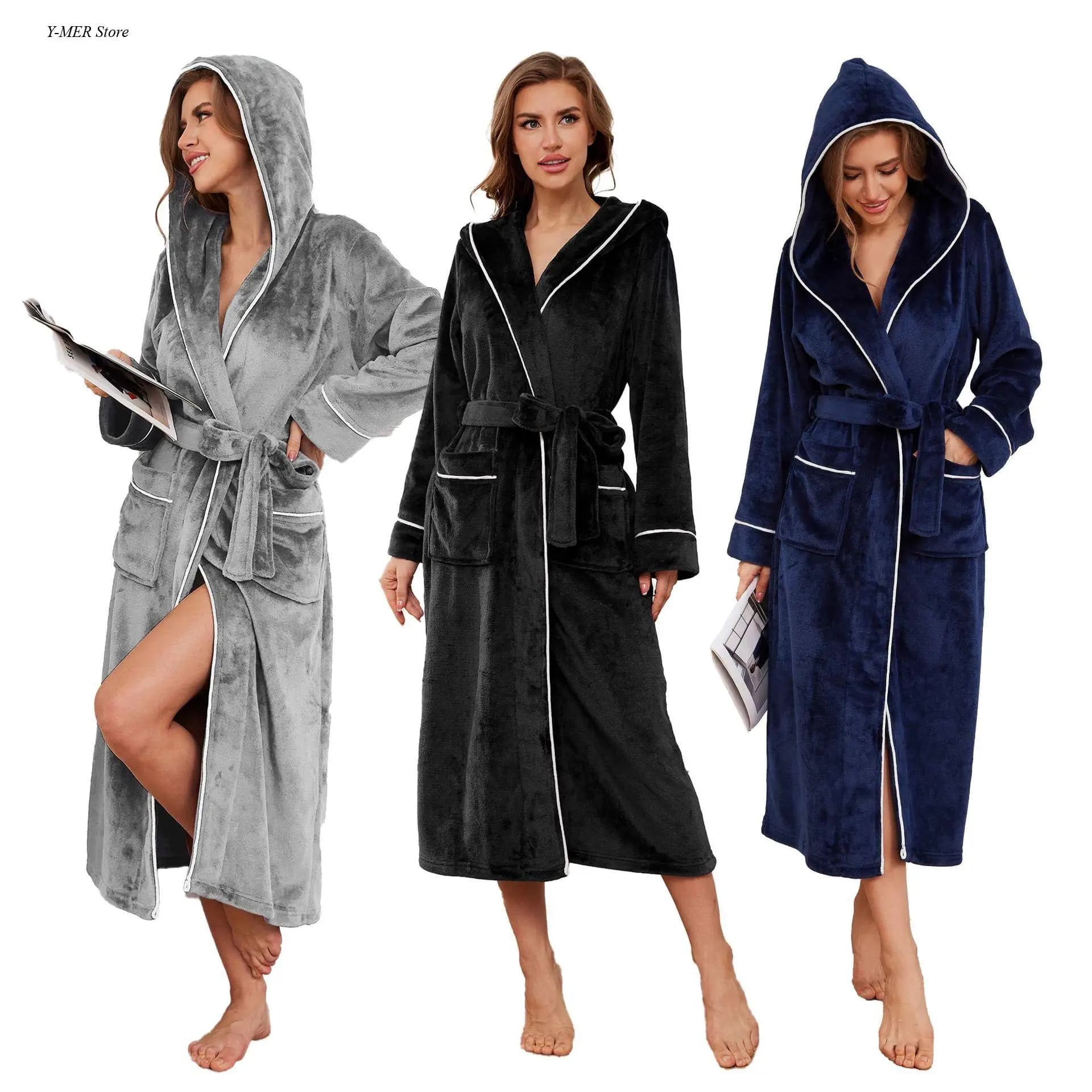 Accappatoio da donna Caldo Kimono di flanella Lady Camicia da notte sexy con cappuccio con tasca Autunno Inverno Abiti da doccia Morbido Pigiama