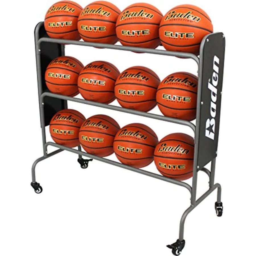 Porta Palloni da Basket in Acciaio con Ruote, Scaffale a 3 Livelli per Garage con Blocco Ruote, Organizzatore per Attrezzature Sportive