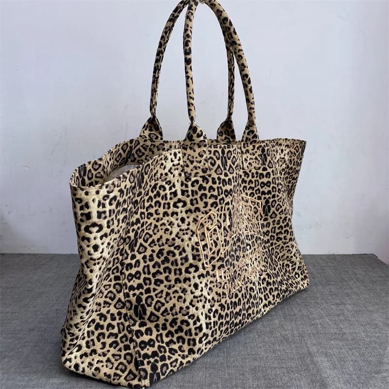 Unisex Leopard Print Embroidery Canvas Tote Bag Casual Handbag Reusable Shopping Bag Fashion Shoulder Bag for Men Women Daily