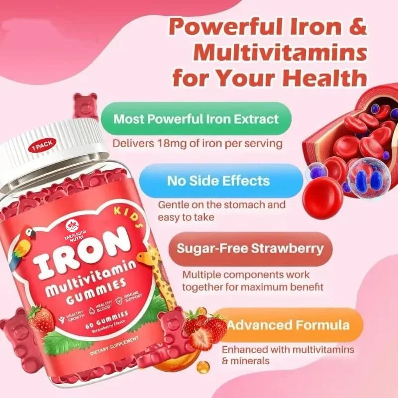 60 Gummies of Children's Iron Supplementation Support Immune Health with Multiple Vitamins, Calcium, Zinc, and Folic Acid