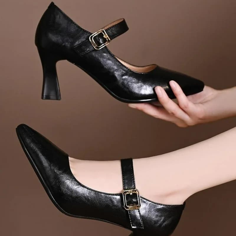 Scarpe da Donna in Pelle di Vacchetta con Fibbia Metallica, Punta Affusolata, Tacco Alto Sottile 5cm, Eleganti Scarpe con Tacco per Abiti da Sera