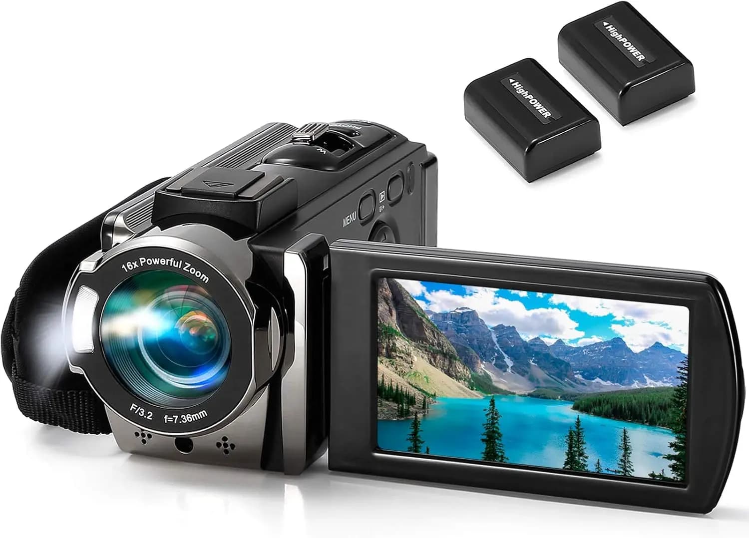 Full HD 1080P Digital Camera with 24MP, 3.0 Inch Rotating LCD, Zoom 16X, Webcam Function and 2 Batteries