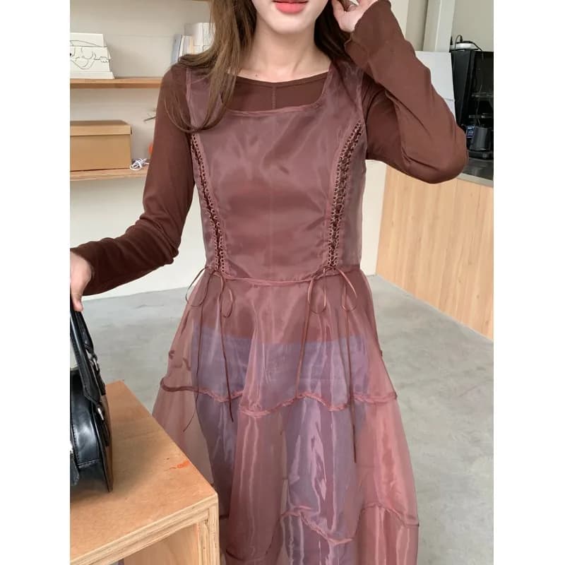 Set di T-Shirt a Maniche Lunghe con Collo Rotondo in Stile Coreano alla Moda con Abito Trasparente in Organza che Stringe in Vita per Donne, Estate Ne...