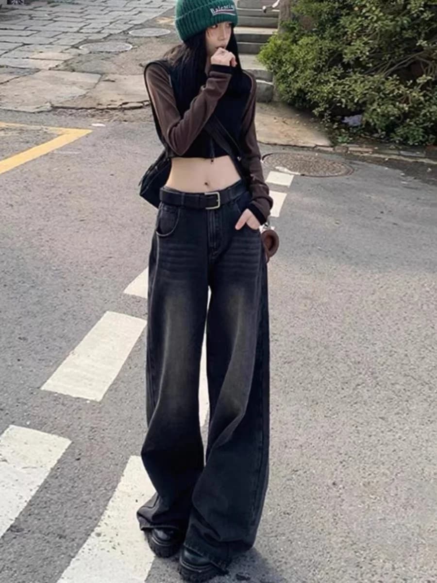 Fleece Lined Wide Leg Straight Leg Jeans Women's Spring Autumn plus Size Loose Fit Trousers High Waist Long Pants Deep Color
