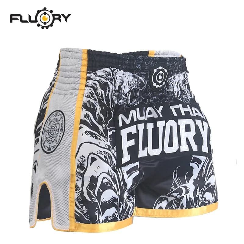 Pantaloncini FLUORY Muay Thai con giunture in rete, ricami pesanti, stampa tigre, combattimento, combattimento, combattimento, palestra, boxe