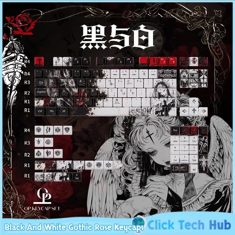Black And White Gothic Rose Keycaps 124 Key Cap Pbt Five Sided Thermal Sublimation Ev63 Magnetic Axis Mechanical Keyboard Keycap