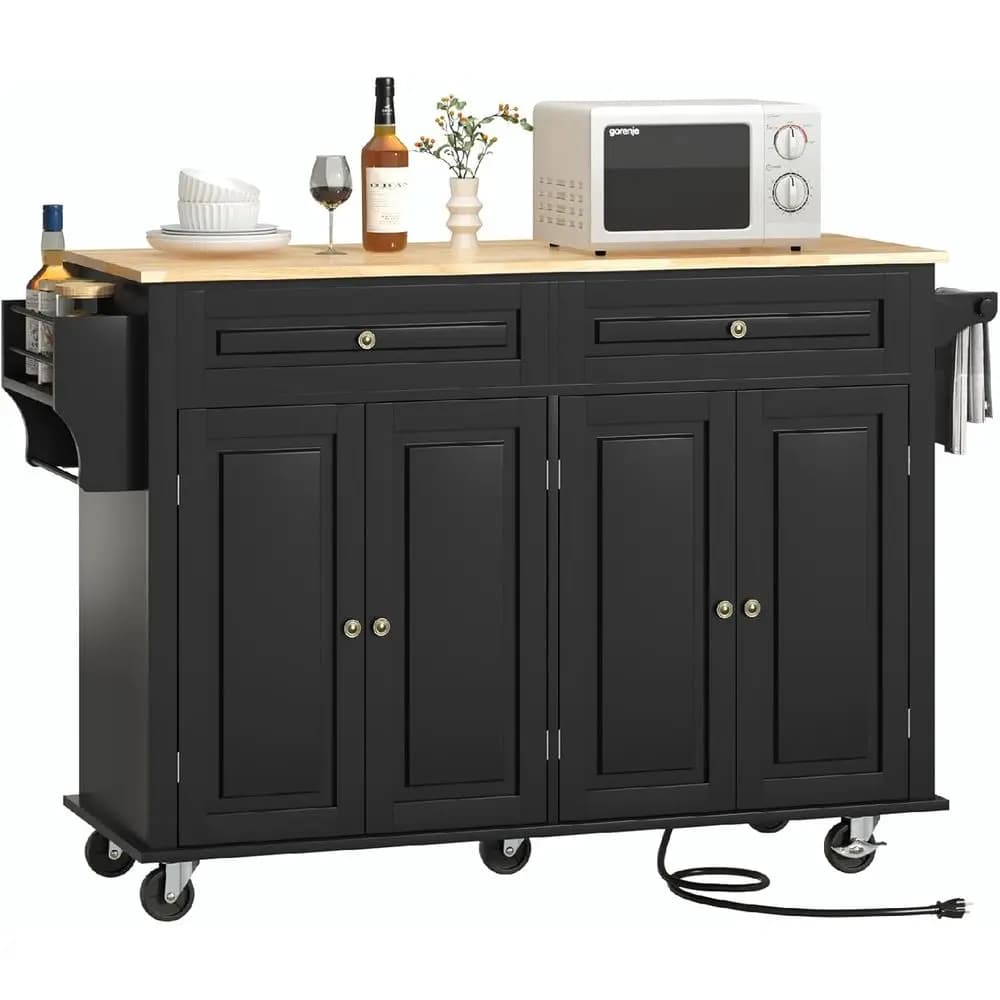 Isola da Cucina Regolabile 55 Pollici con Piano Ribaltabile, Carrello con Ruote, Armadietto Contenitore, 2 Cassetti, Porta Spezie, Portasciugamani, Nero