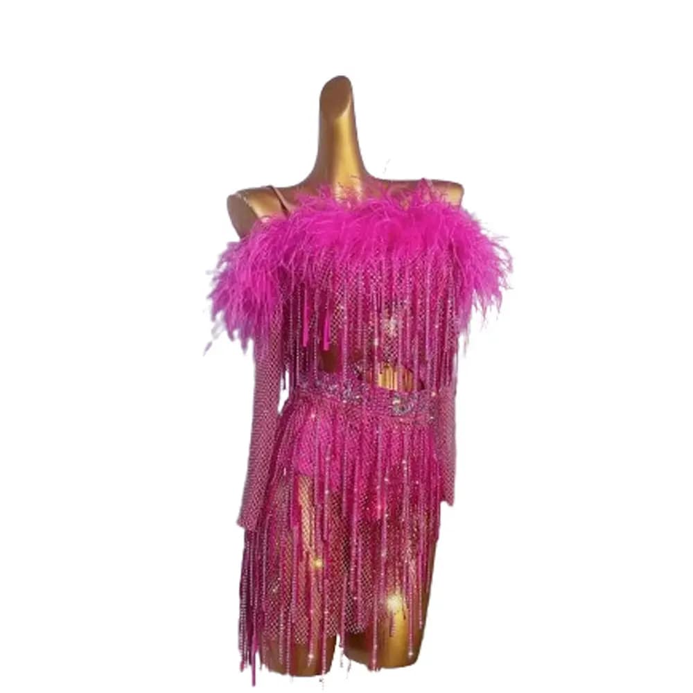 Abito da ballo latino di fascia alta personalizzato rosa fluff maglia mantello gonna da ballo fionda rumba abbigliamento professionale da palcoscenico per adulti