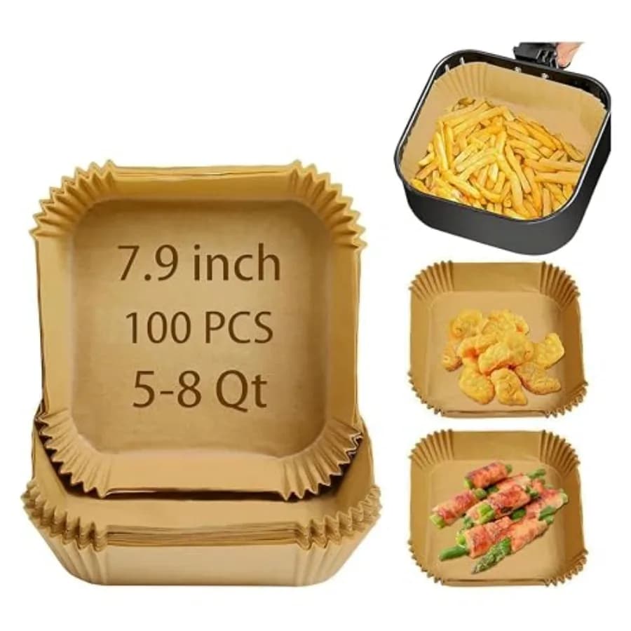 Fodere per friggitrice ad aria usa e getta compatibili con friggitrice ad aria COSORI 6 Qt 100 pezzi di carta pergamena non sbiancata per 58 Qt 7,9 pollici quadrati Pa