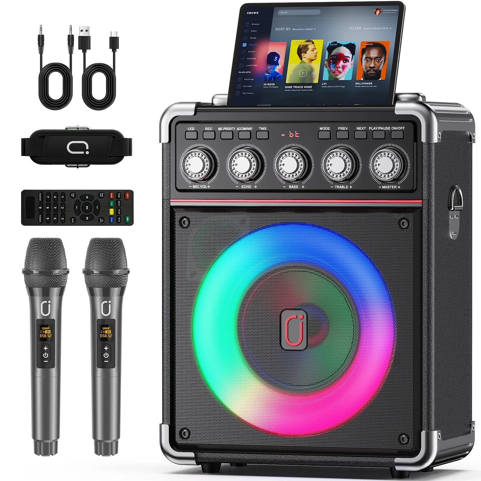 Macchina per Karaoke FanFun con 2 Microfoni Wireless e 1 Microfono Cablato, Altoparlante Karaoke Bluetooth Portatile con Luci LED per Bambini e Adulti