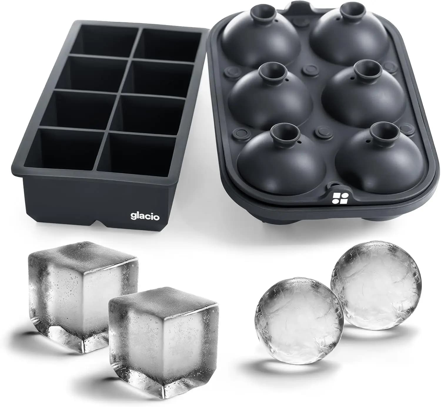 Stampo per Ghiaccio in Silicone 2-in-1 Grande: 8 Cubetti Grandi e 6 Sfere Giganti con Imbuto Facile da Riempire