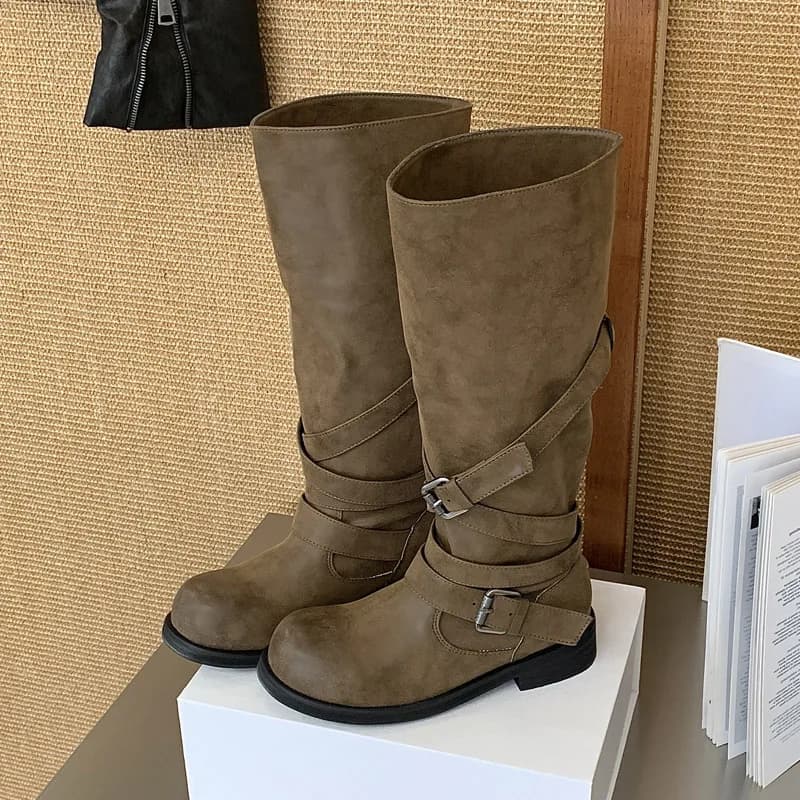 Eilyken New Design Belt Buckle Splicing Color Women Knee-High Boots Fashion Round Toe Square Low Heels Banquet Shoes