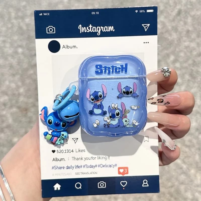 Simpatica custodia per cuffie Disney Stitch con cartoni animati per AirPods 1/2/3/4/Pro/Pro2/Pro3 con portachiavi Stitch, custodia blu per AirPods Pro 3