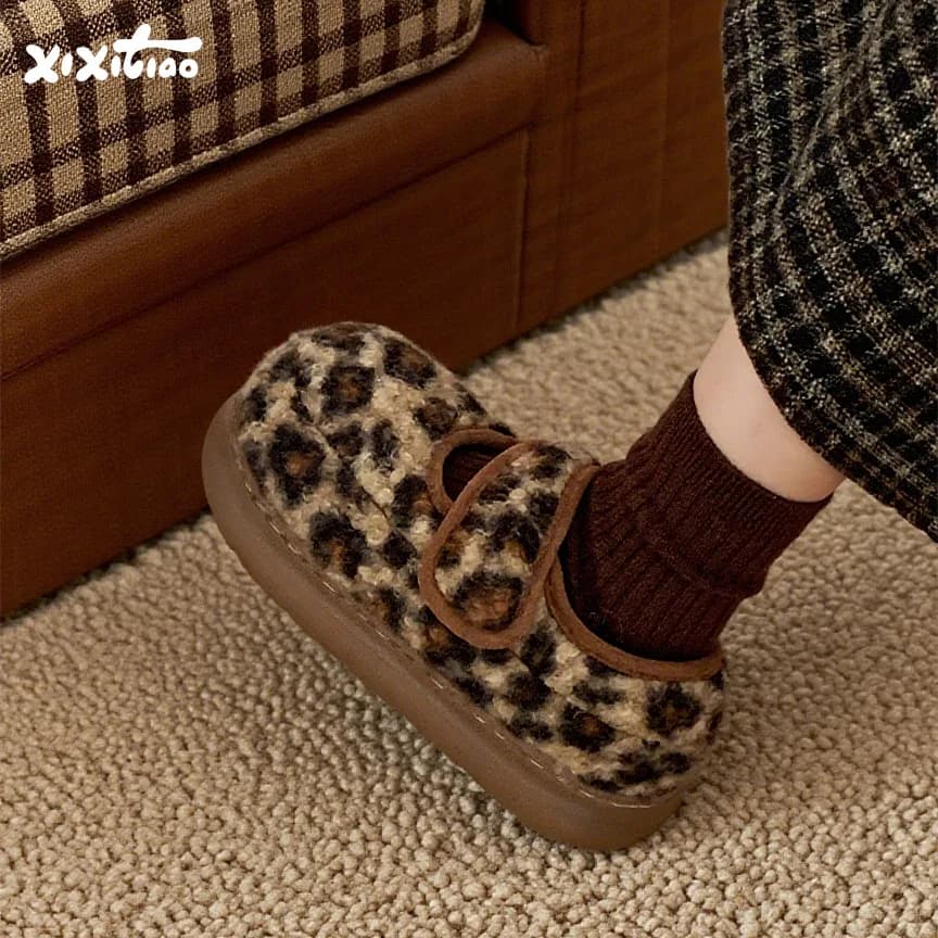 Pantofole Mary Jane da donna con stampa leopardata, cinturino in velcro, stivaletti invernali, foderati in pile, suola spessa, scarpe con plateau antiscivolo