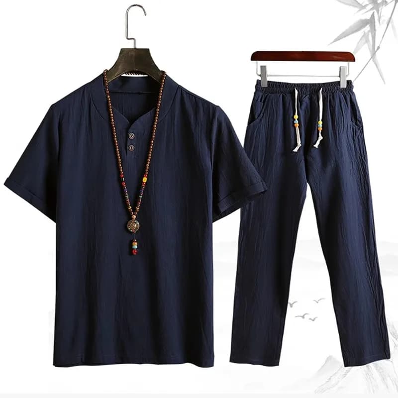 Pigiama da uomo cotone lino pigiama a maniche lunghe primavera e autunno indumenti da notte sottili di grandi dimensioni per il tempo libero abbigliamento da casa vestito esterno M-5XL