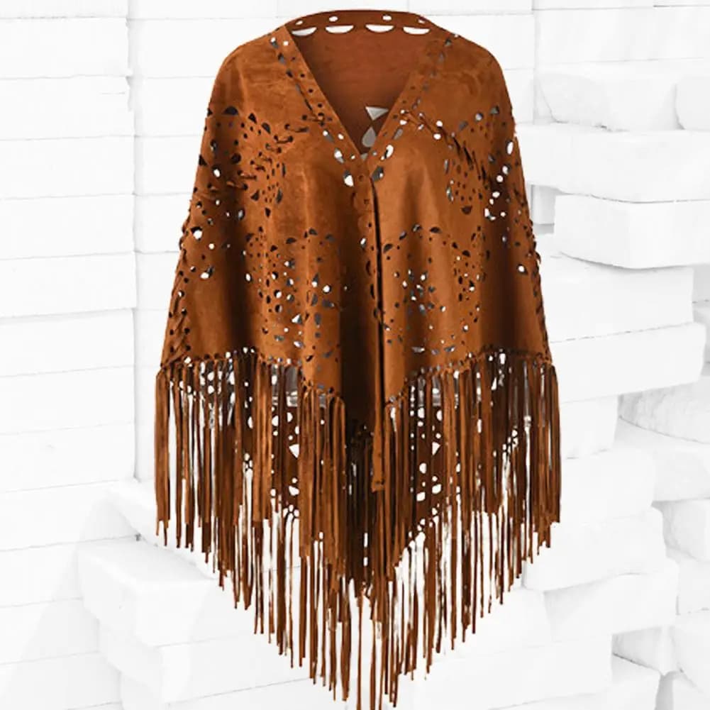 New in 2024 Solid color digs out skin suede floral nappa triangle shawl woman vintage bohemian beach cardigan boho poncho with fringe