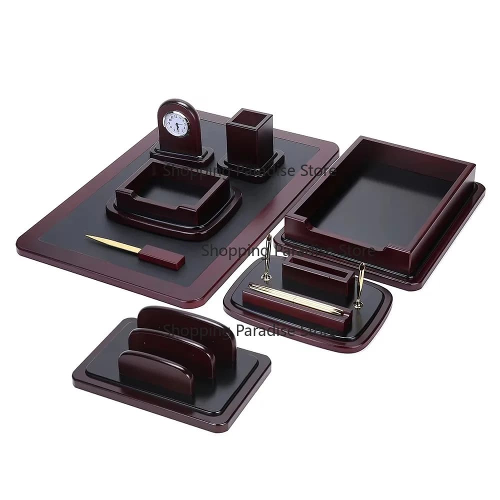 Set da Scrivania in Legno e Pelle da 8 Pezzi, Organizzatore per Scrivania, Accessori per Ufficio, Organizzatore da Scrivania