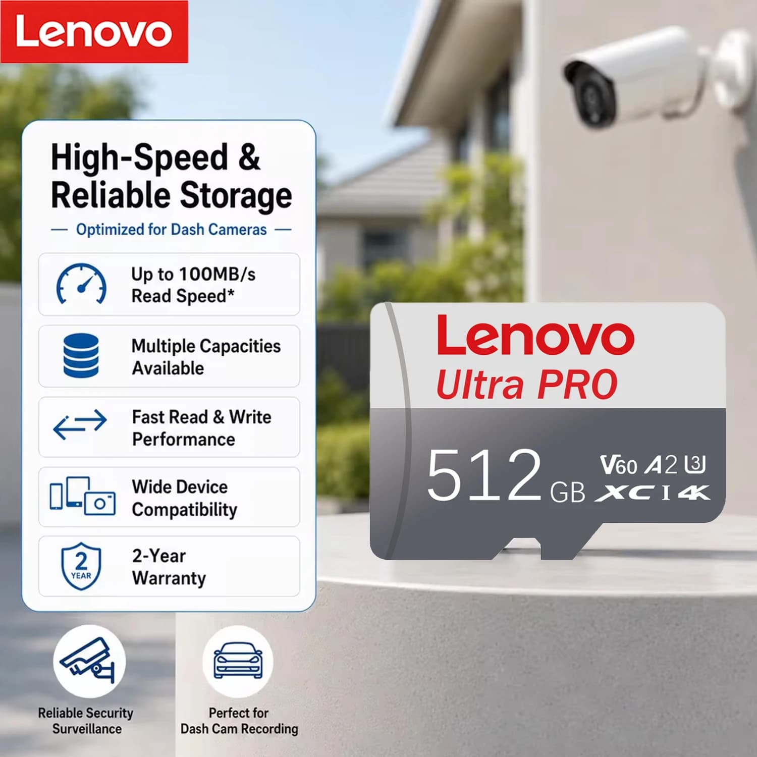 Lenovo High Endurance Micro SD Memory Card 128GB 256GB 512GB V60 A2 4K Full HD TF Flash Card for Home Security Camera Drone PC