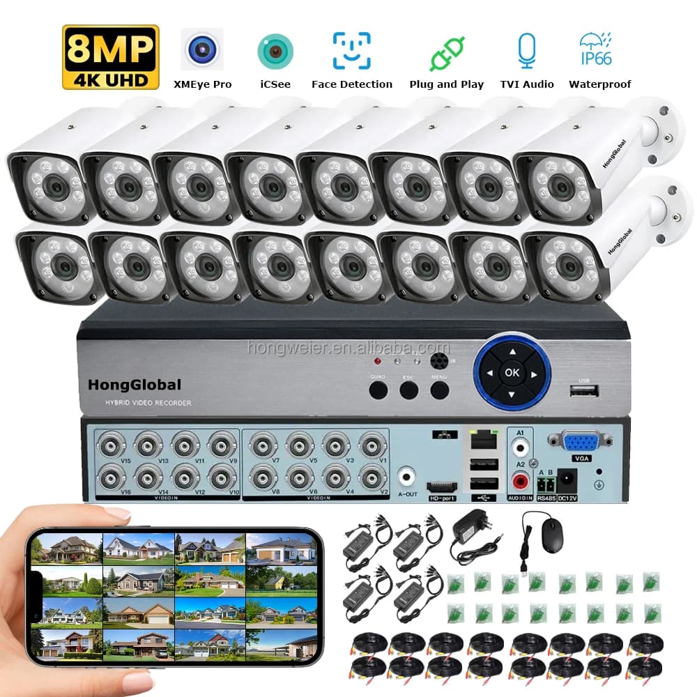 HongGlobal 8MP 16 canali DVR Casa AHD Visione notturna analogica 4K Set telecamera di sicurezza Kit Sistema CCTV IP di sorveglianza esterna per interni