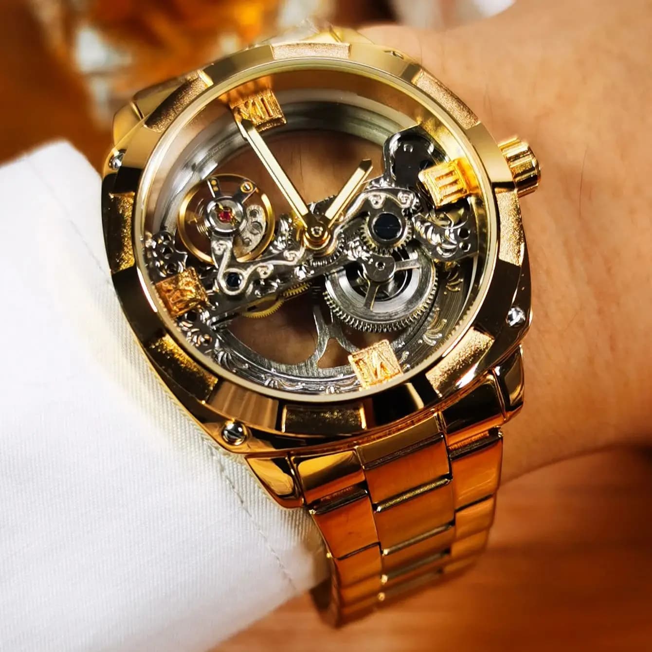WINNER Luxury Skeleton Automatic Mechanical Watch for Men Luminous Hand Stainless Steel Band Business Golden Bridge Mens Watches