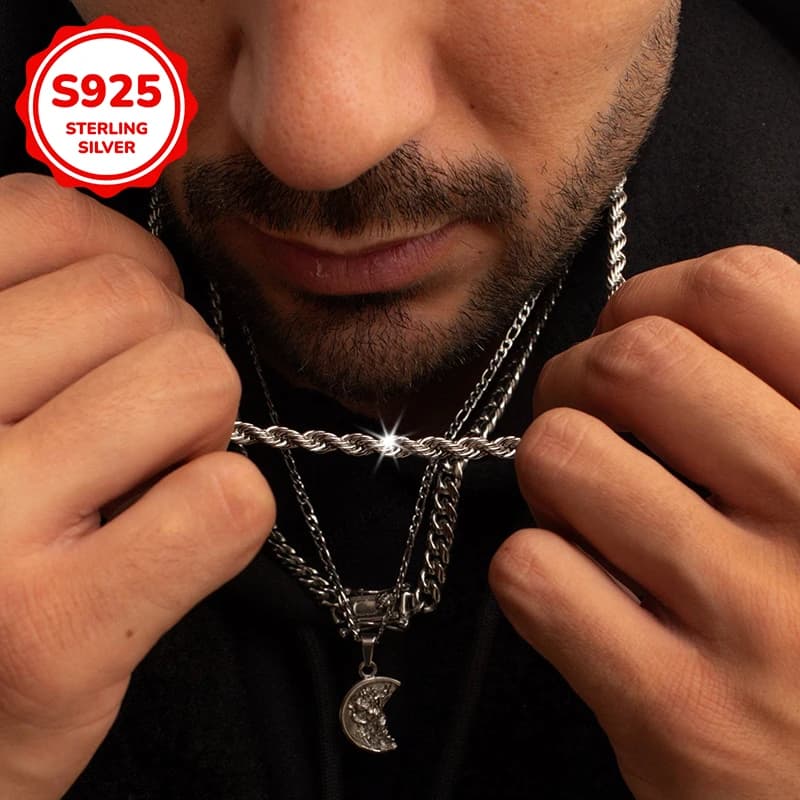 Collana da uomo in argento sterling 925 con catena a corda intrecciata in stile hip-hop, adatta per essere indossata dagli uomini come accessorio durante i pendolarismi quotidiani.